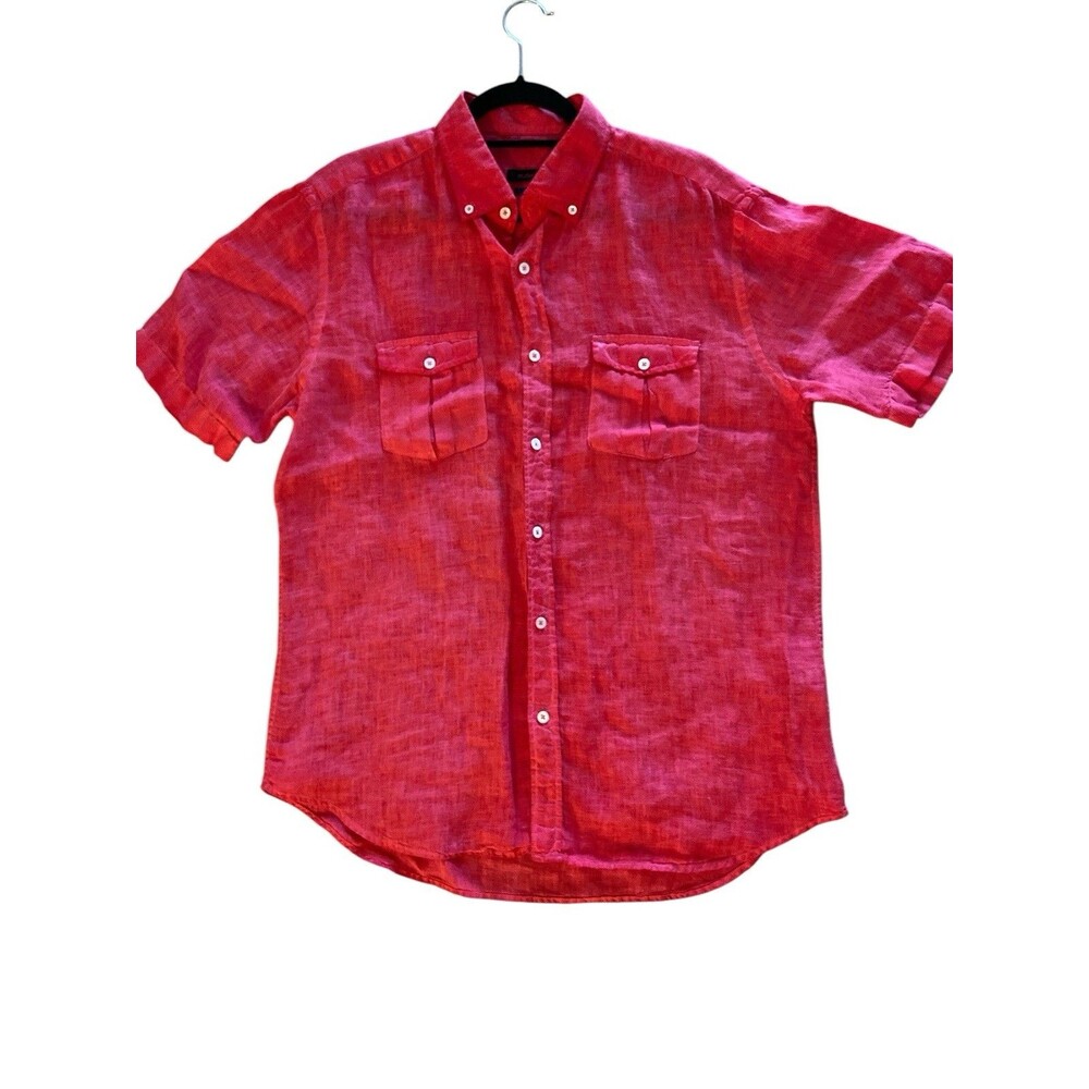 Bugatchi Button Up Shirt Men's Linen Pink Shaped Fit Hawian Short Sleeve Sz L